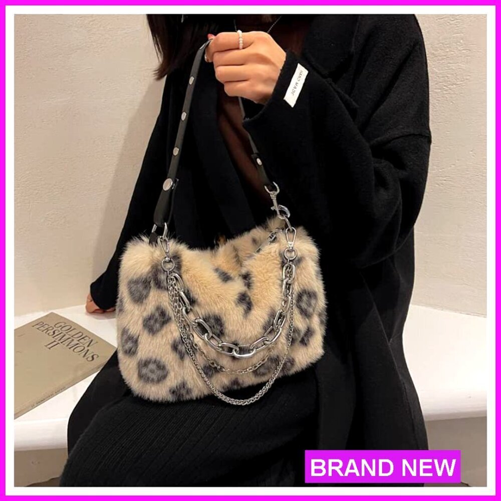 Leopard Print Plush Faux Fur Crossbody Bag Tote Hobo Y2K Chain Purse - Picture 3 of 6
